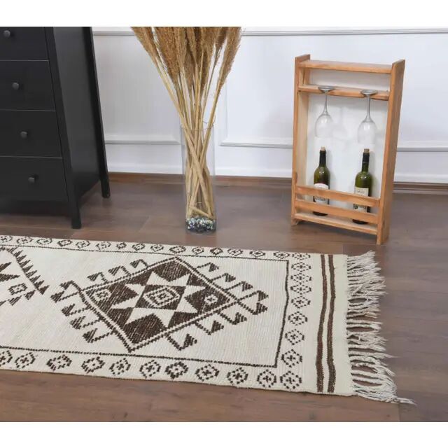 1970s Vintage Turkish Hand-Knotted Wool Cotton Beige Runner Rug  90x340