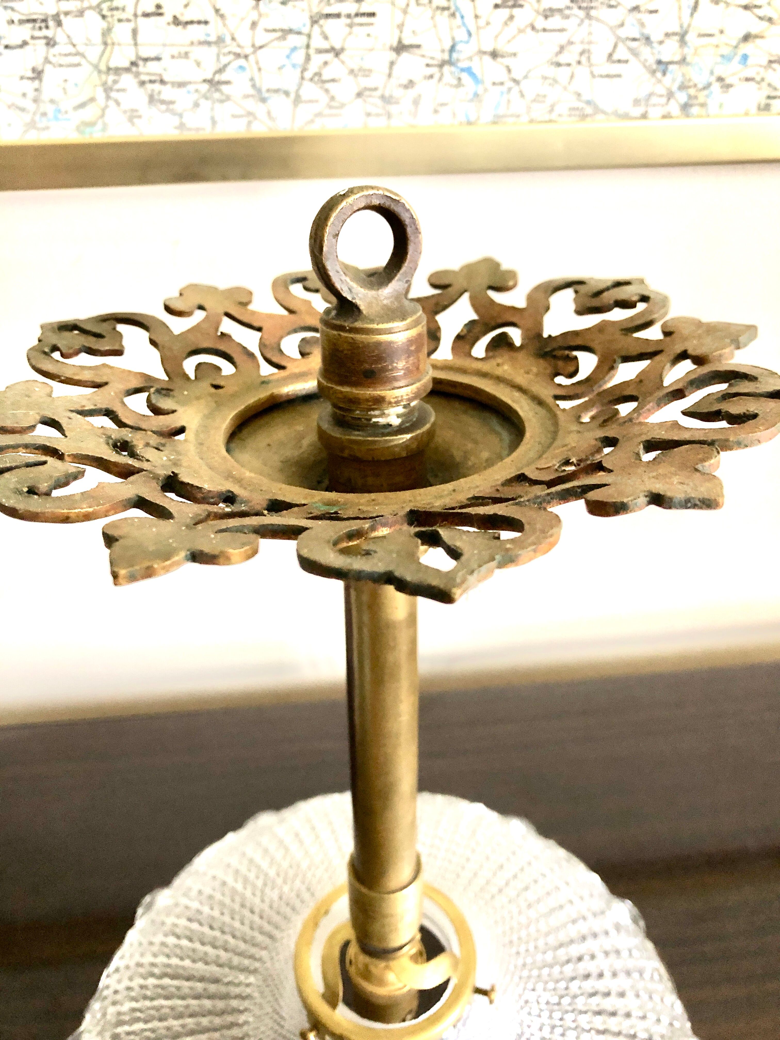 Art Deco pendant lamp brass rose window and diamond glass dome