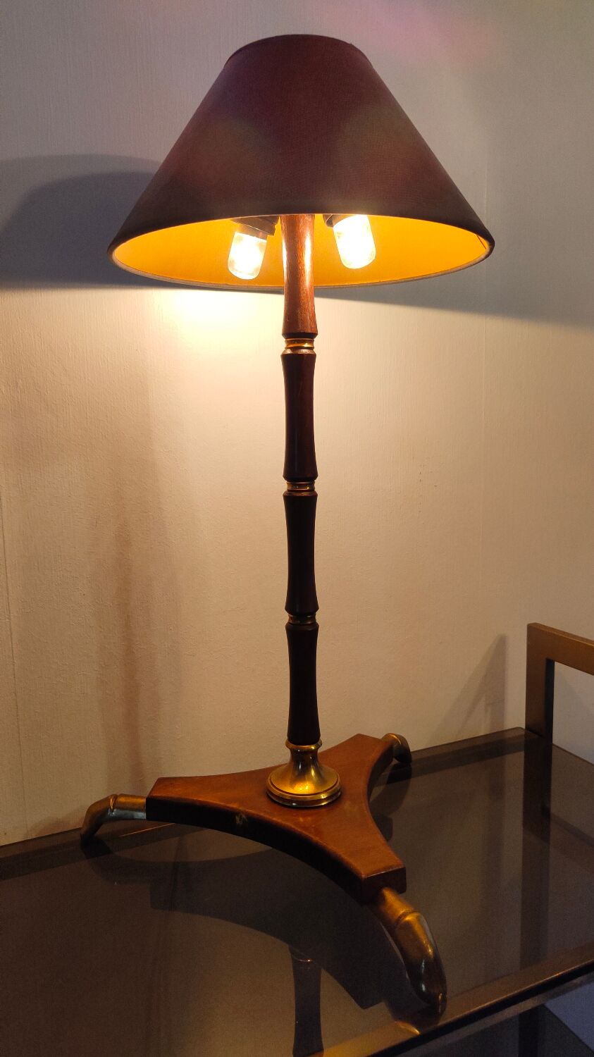 Art Deco tripod lamp in wood and brass signed France Paris