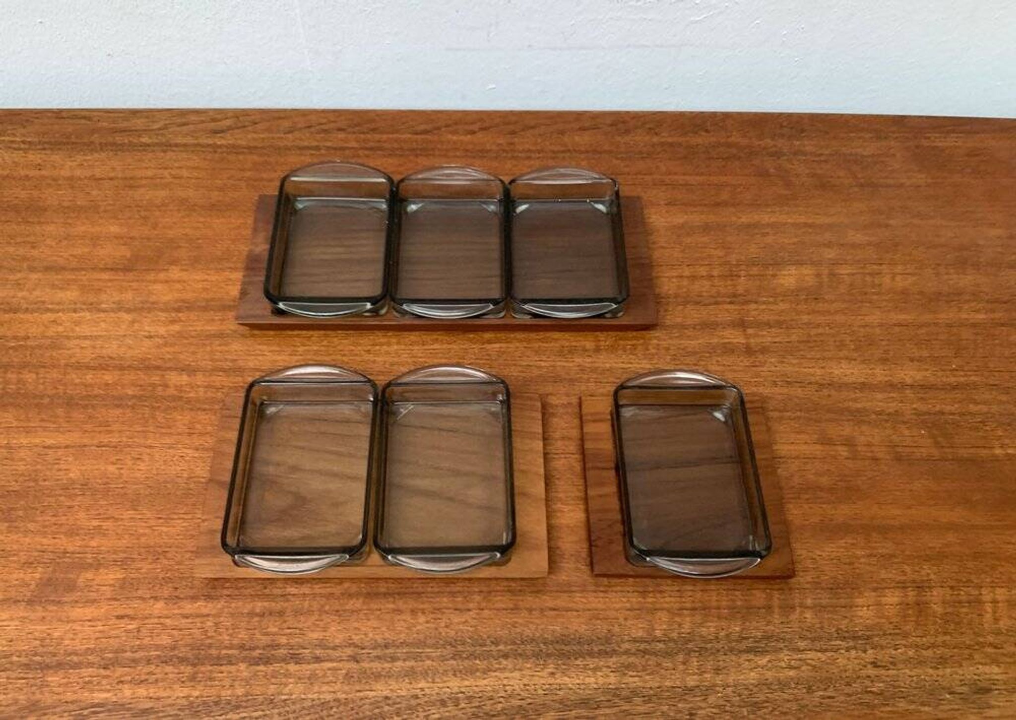 Danish mid-century teak plateau with Holmegaard glass serving trays, 1960s, set of 9.