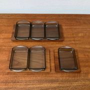 Danish mid-century teak plateau with Holmegaard glass serving trays, 1960s, set of 9.
