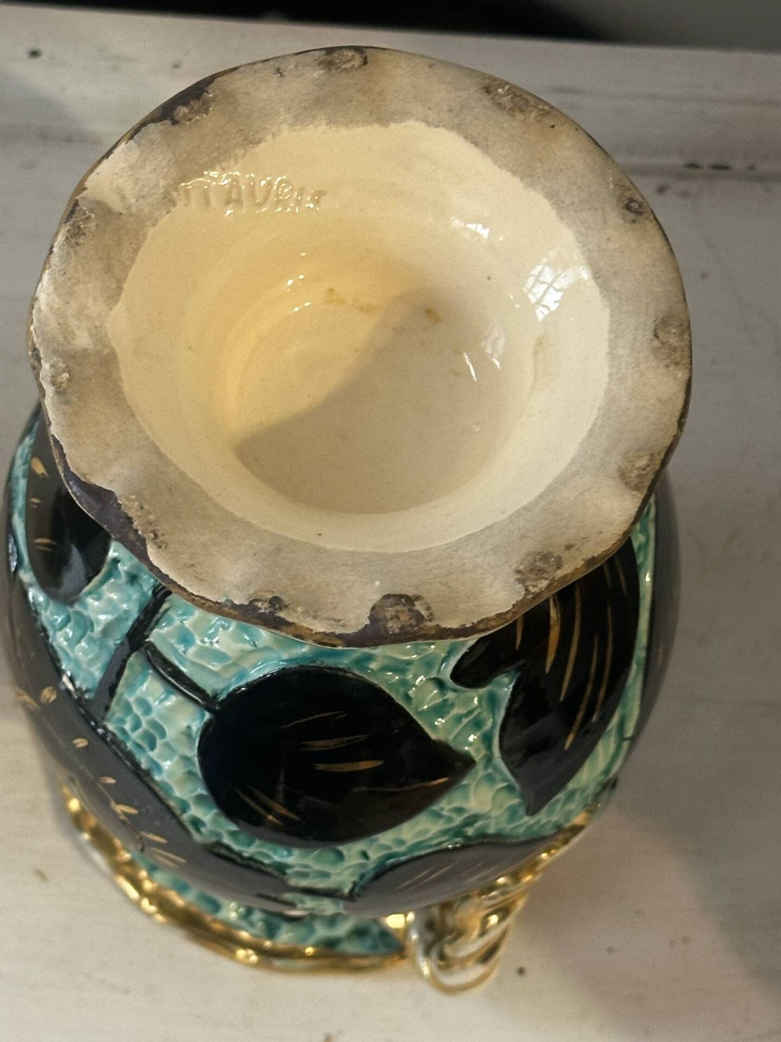 Pair of Vallauris vases in turquoise and black ceramic enhanced with o