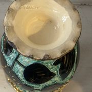 Pair of Vallauris vases in turquoise and black ceramic enhanced with o
