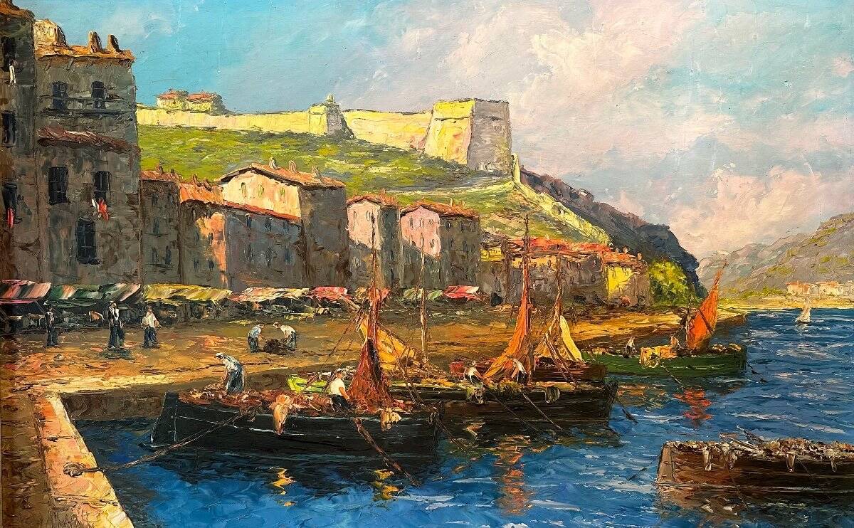 Port In Italy. Oil on panel. 20th century.