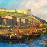 Port In Italy. Oil on panel. 20th century.
