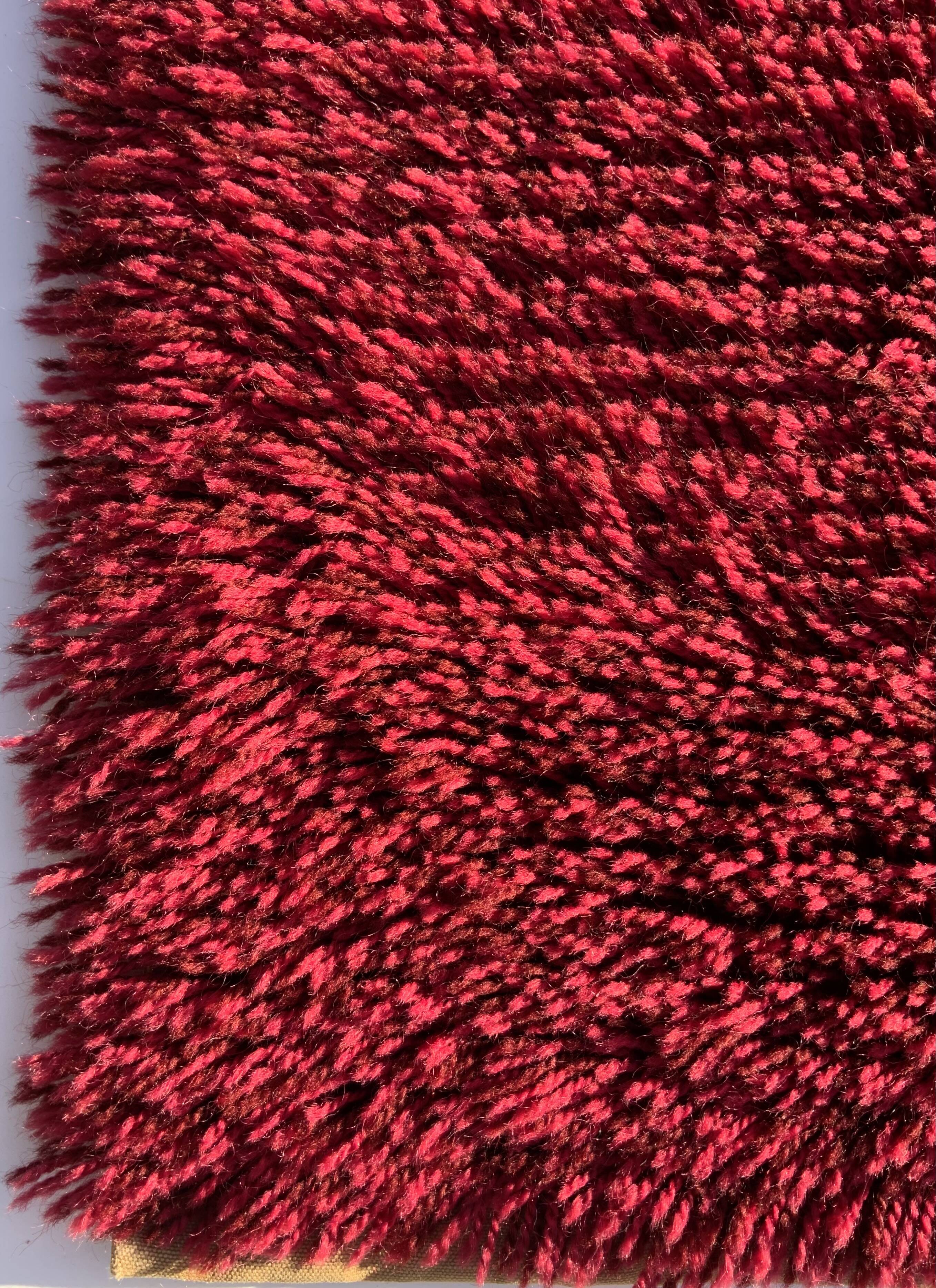 Vintage Red Scandinavian Design Wool Rya Rug Woven Handmade Vintage 1970s