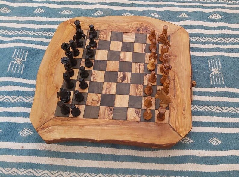 Natural olive wood edge, rustic chessboard