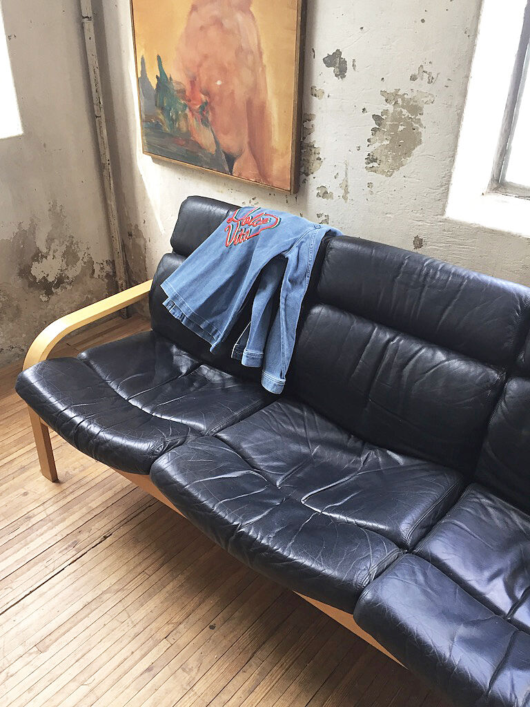 Danish sofa and armchairs curved wood and leather