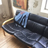 Danish sofa and armchairs curved wood and leather