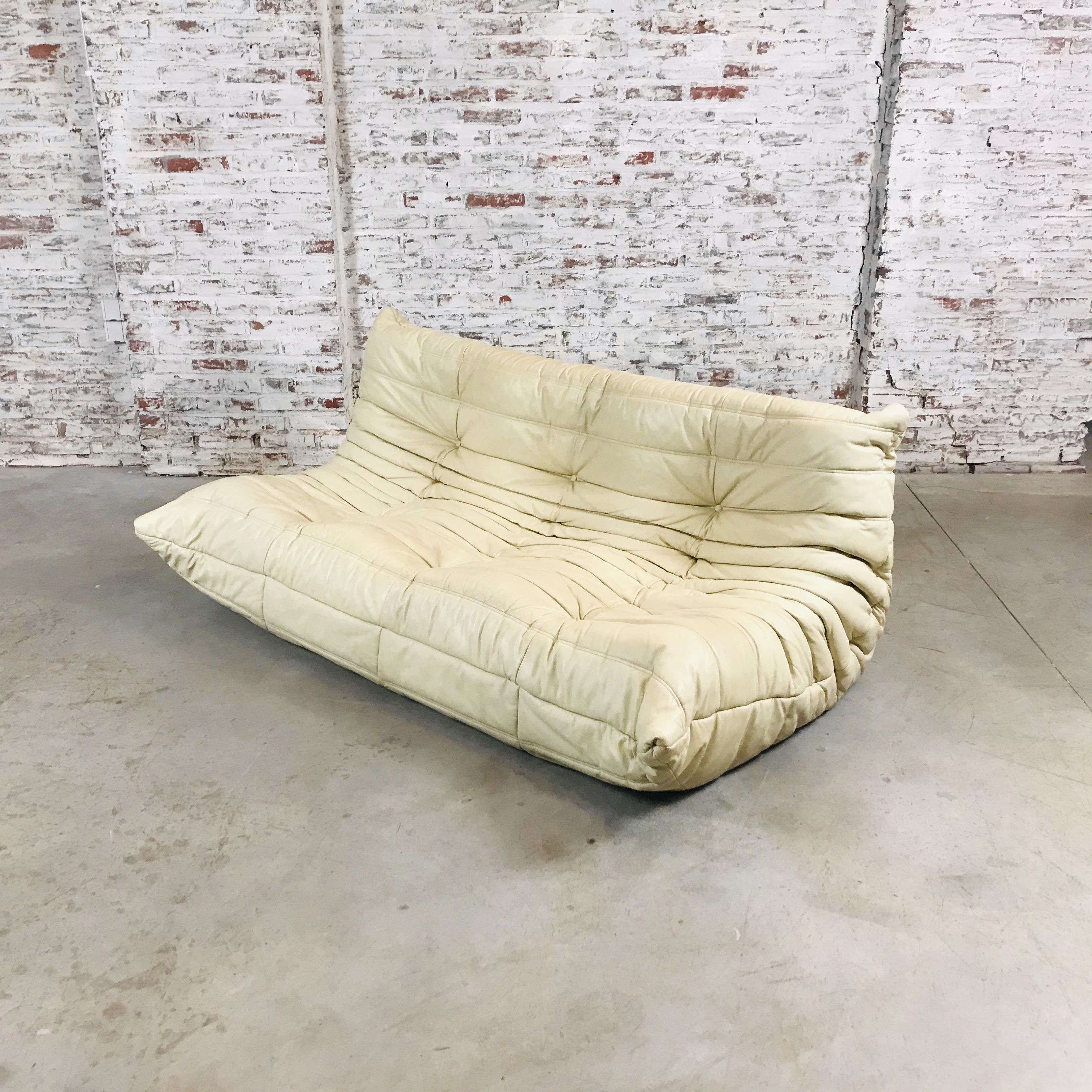 Togo sofa in beige leather by Michel Ducaroy for Ligne Roset, 1986