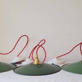 Trio of enameled sheet metal pendant lights