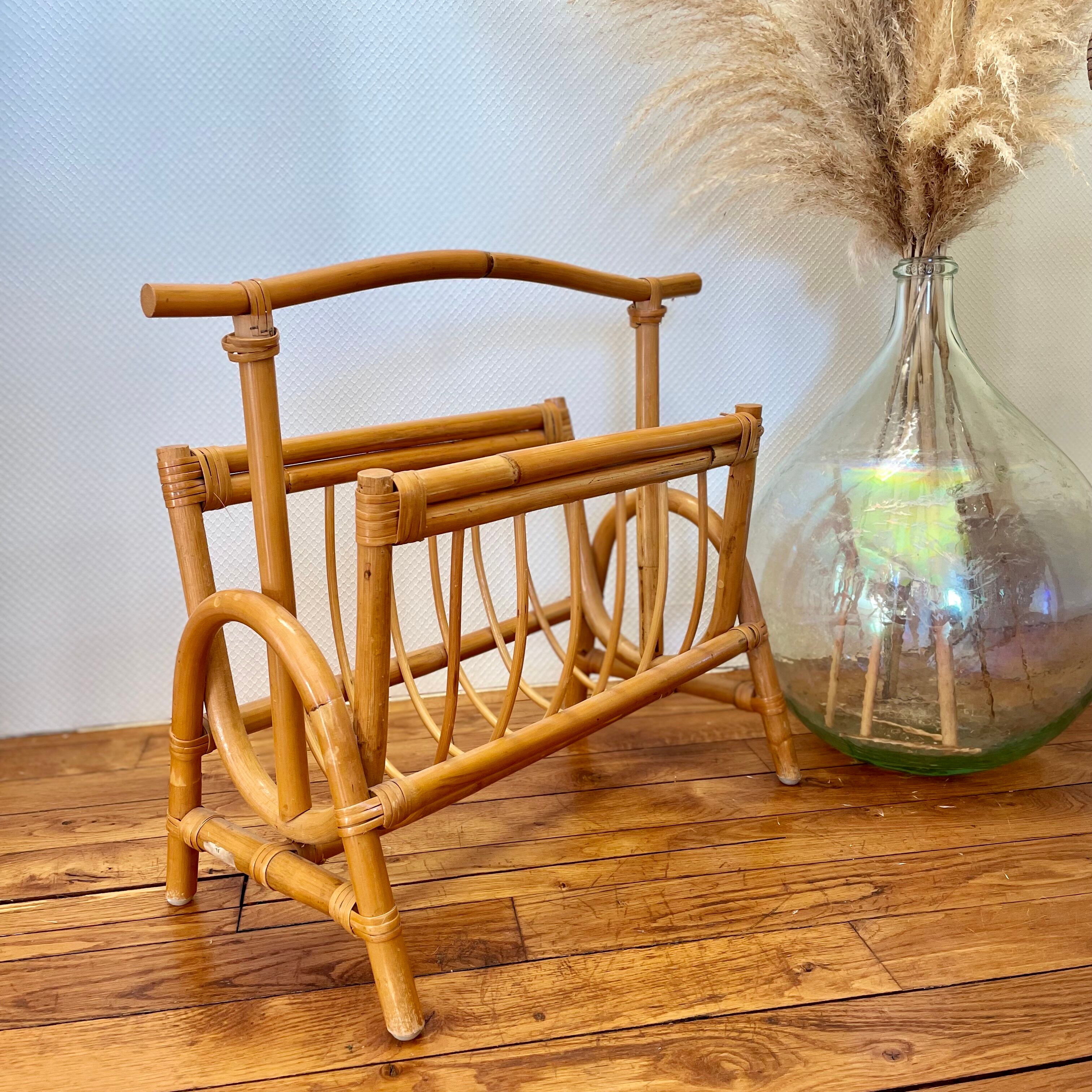 Vintage rattan magazine holder from the 60s and 70s