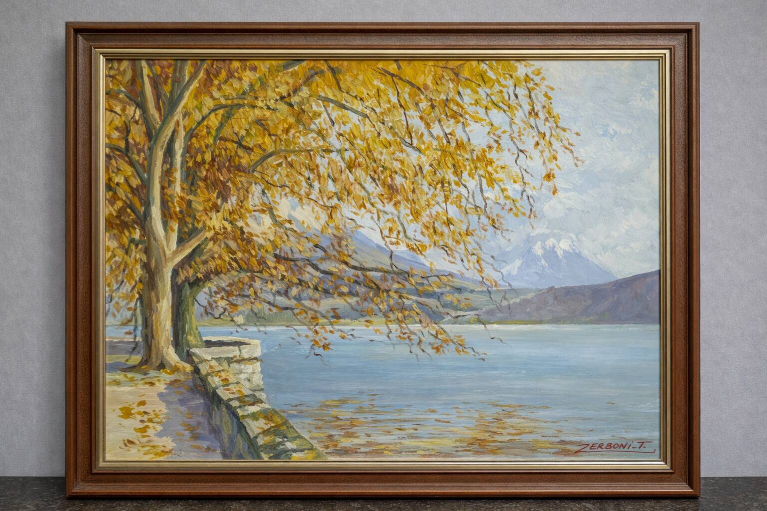 F. Zerboni – Animated Lakeside Landscape – Oil on Panel – Mid 20th Century