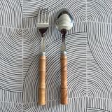 Pair of stainless steel and boxwood cutlery