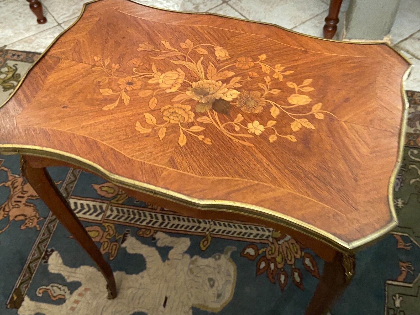 Pedestal table end of sofa decorated inlaid Louis XV style