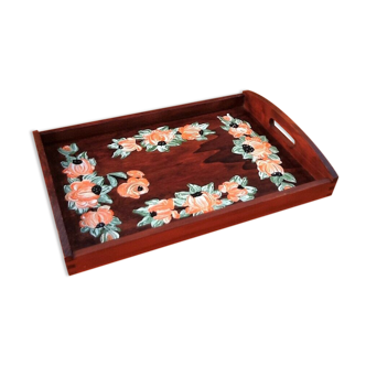 Plateau rectangulaire de service   bois à décor floral