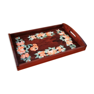Rectangular wooden service tray with floral decoration