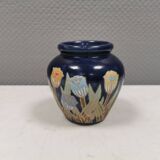 Small delicious blue ceramic vase with floral decoration. Sweden 1970s