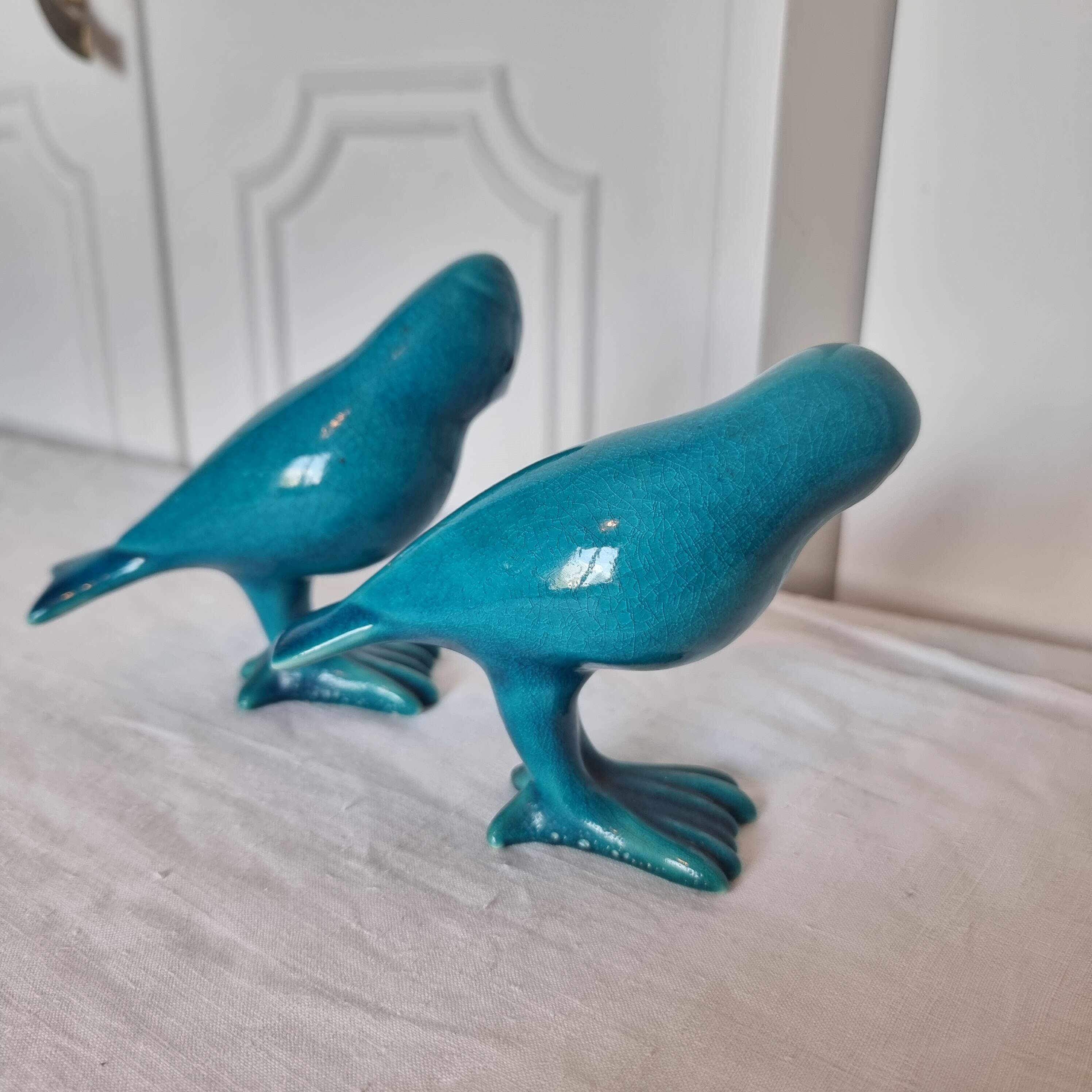 Pair of Art Deco Birds in Blue Porcelain from the 40s-50s signed