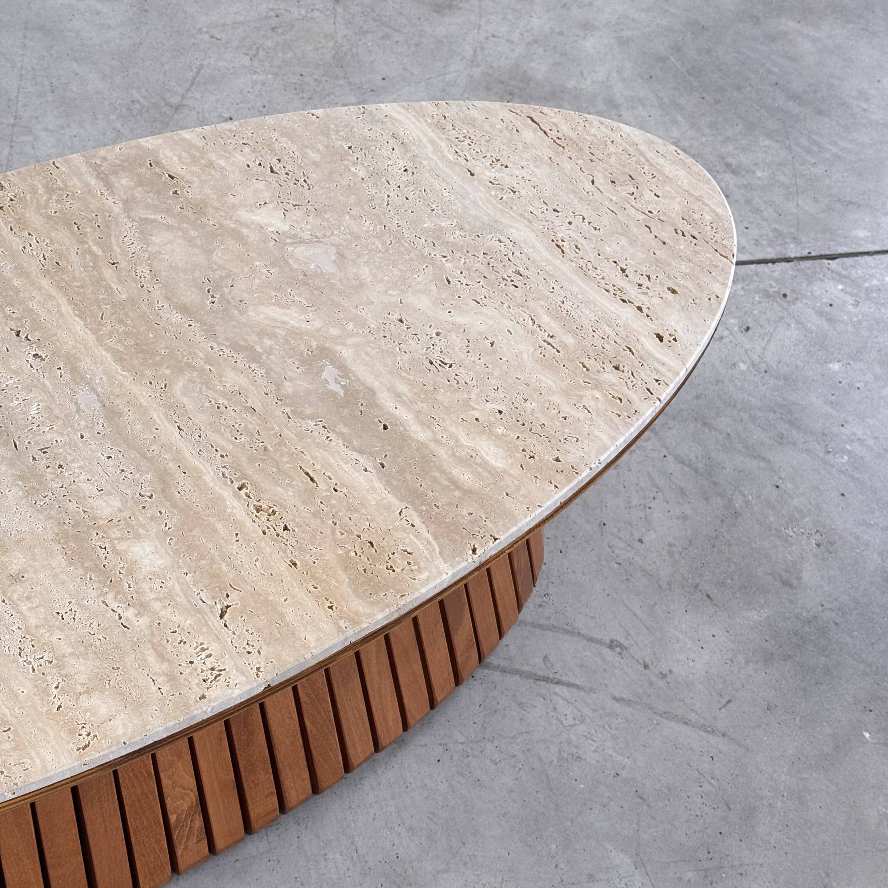 Oval travertine coffee table with ashwood slatted base – italy by forme
