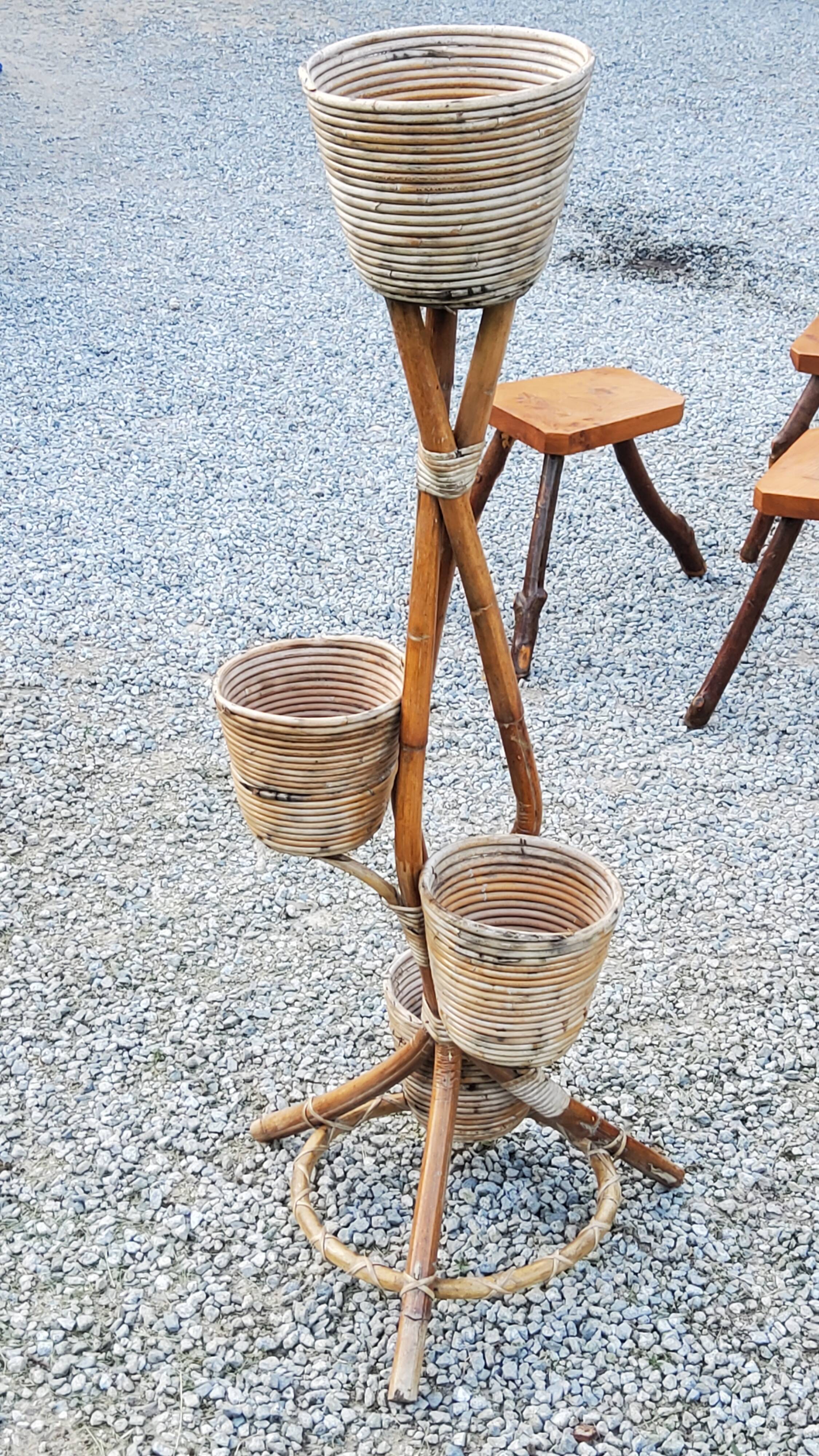 Rattan and bamboo plant holder from the 50s
