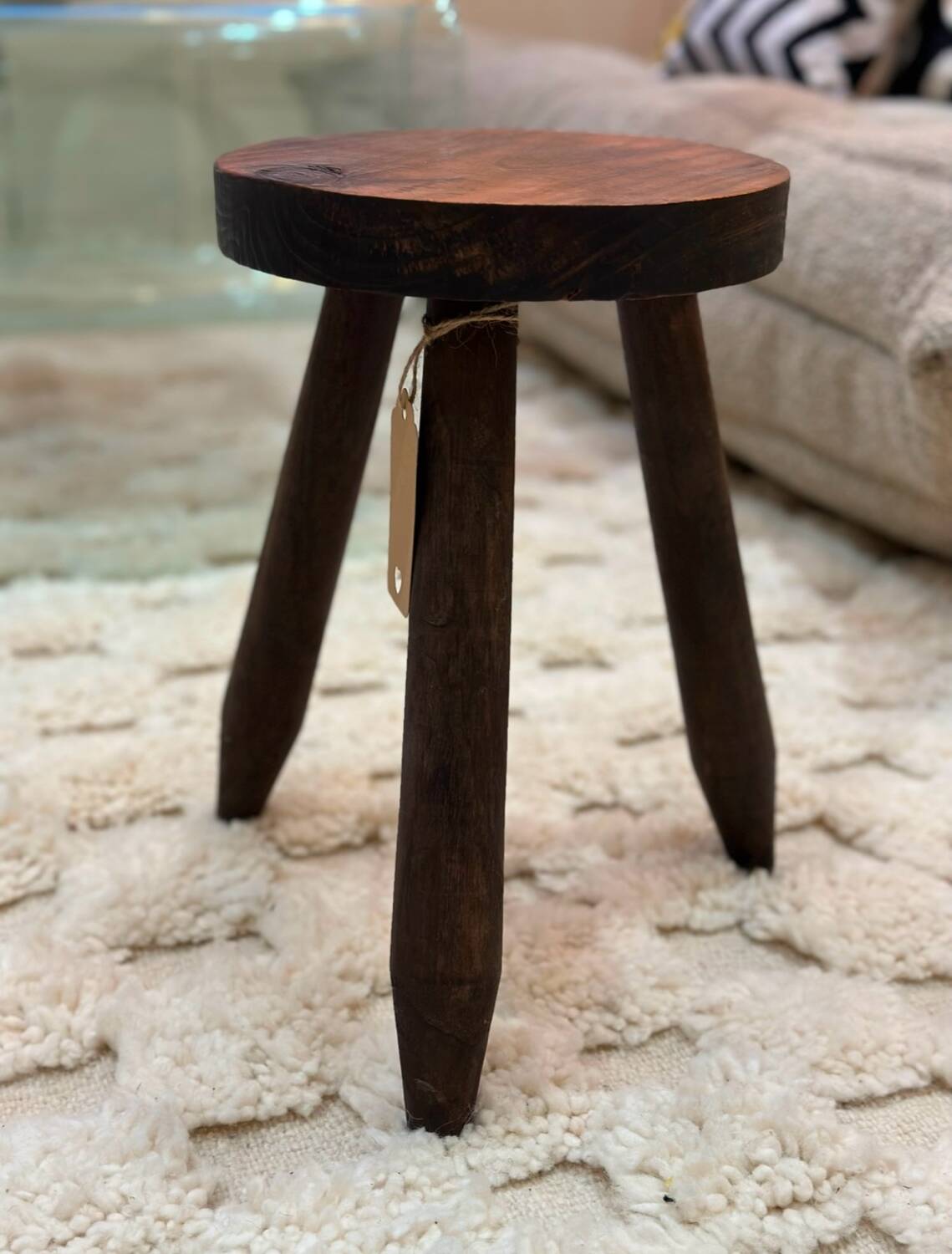Vintage brutalist tripod stool compass legs - wood
