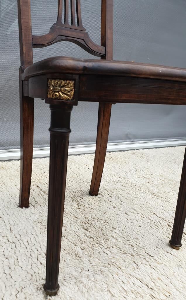 Chair canned 1900 marquetry and bronze louis XVI style