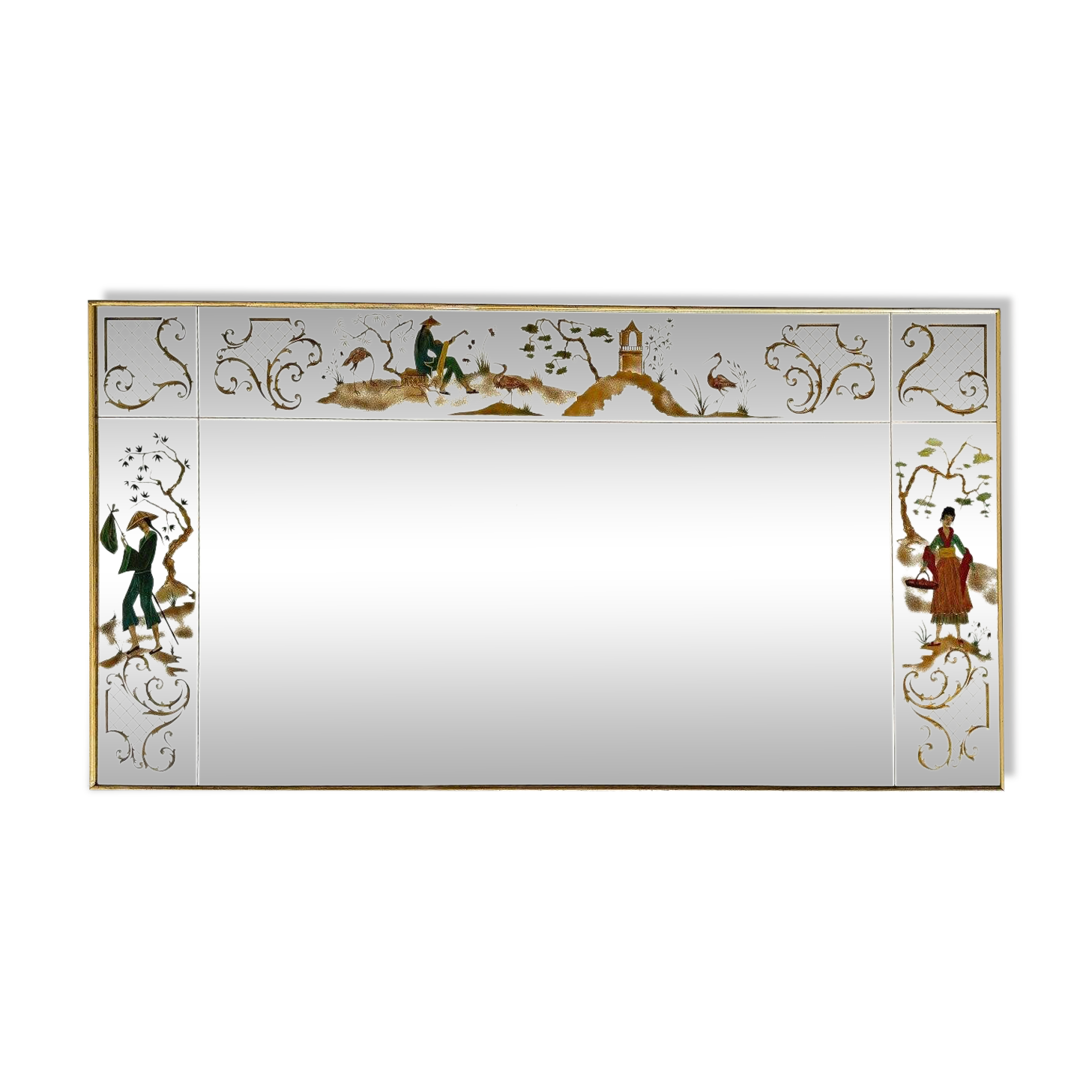 Brasserie mirror in gilded glass with a design of chinoiserie scenes.