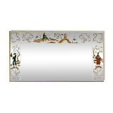 Brasserie mirror in gilded glass with a design of chinoiserie scenes.