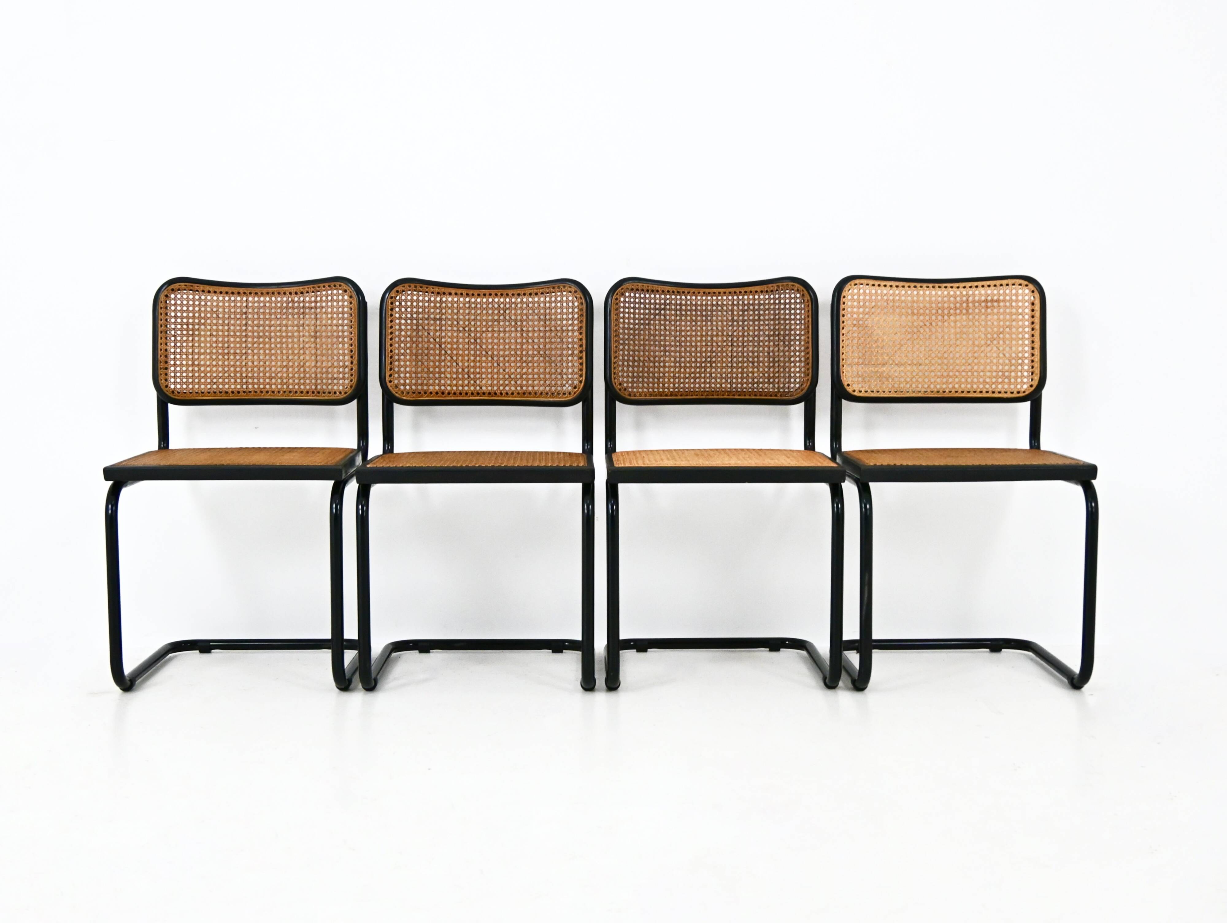 Set of 4 black dining chairs, B32 style by Marcel Breuer.