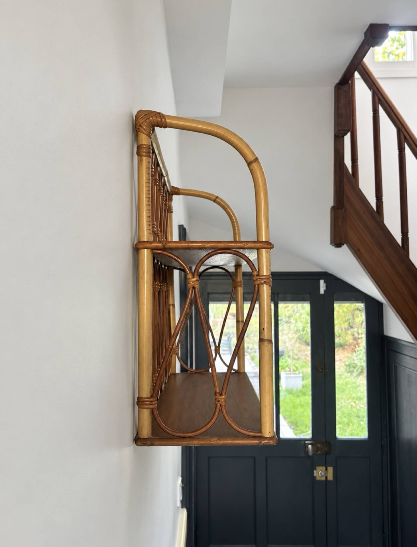 Wall shelf in rattan and wood veneer – 1950s/60s