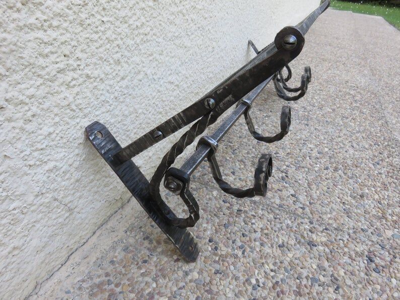 Hammered wrought iron coat rack, sliding pads, Edgard Brandt style, art deco 30s 40s