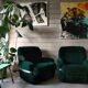 Pair of vintage armchairs in green velvet foret and chrome