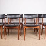 Set of 8 Danish chairs in teak, black leatherette and brass, Sven Chrobat/Sax.