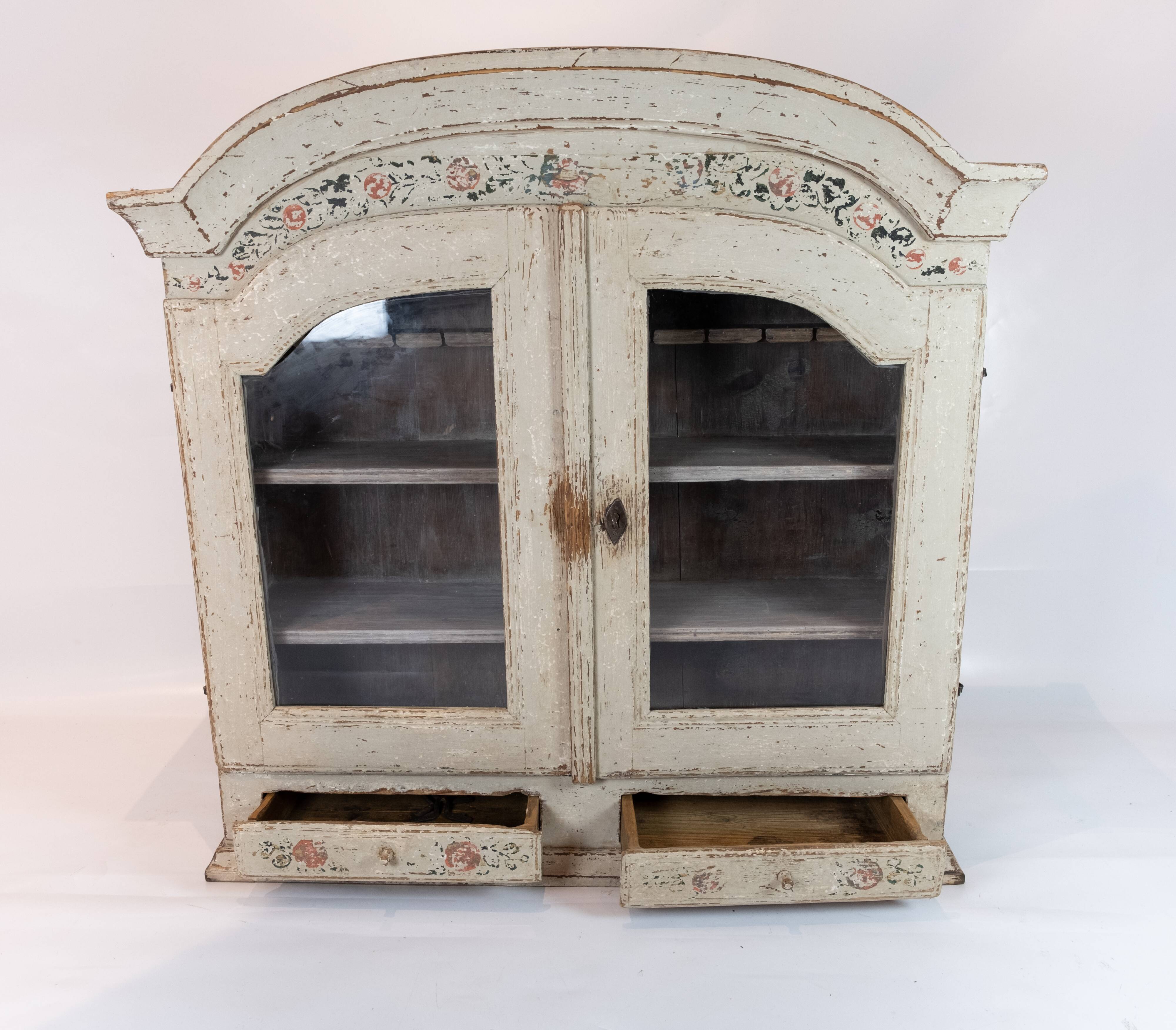 Grey painted hanging glass cabinet in gustavian style from around 1820