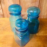 Trio of jars apothecary bottle in blue glass with round cap