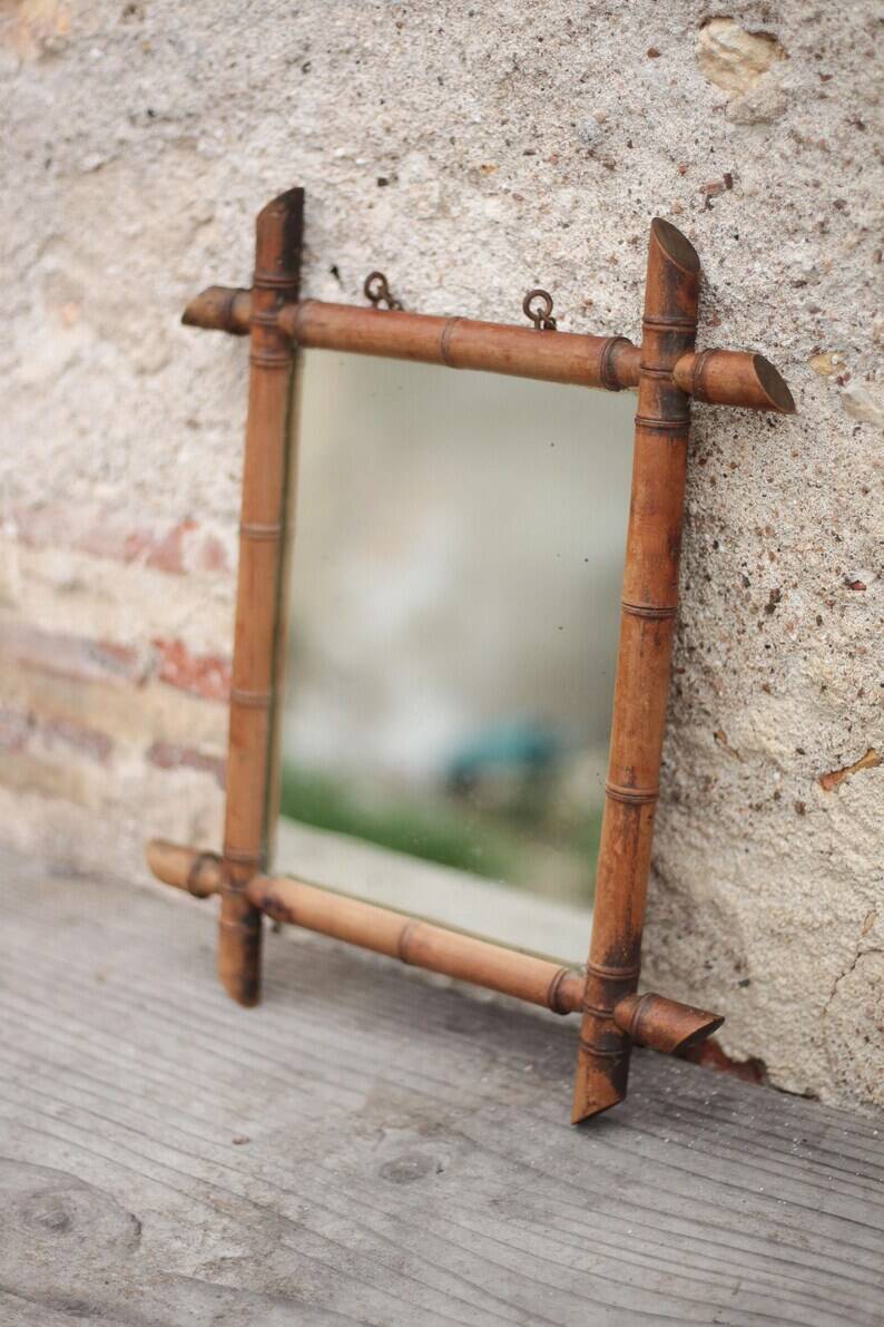 Wooden bamboo imitation mirror, antique mirror, hanging mirror, interior decor