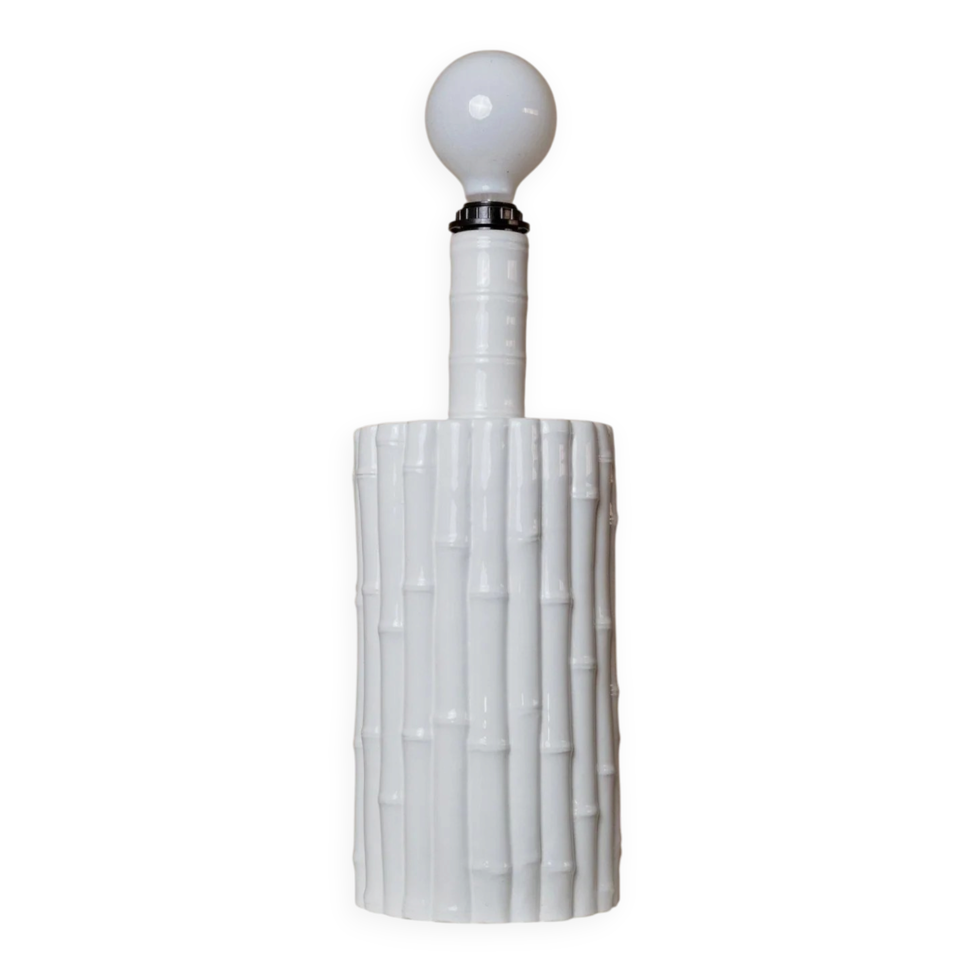 Lampe de table vintage Tommaso Barbi - céramique blanche, effet bambou, Italie années 1970, faite main, style Hollywood Regency, lampe de chevet rétro