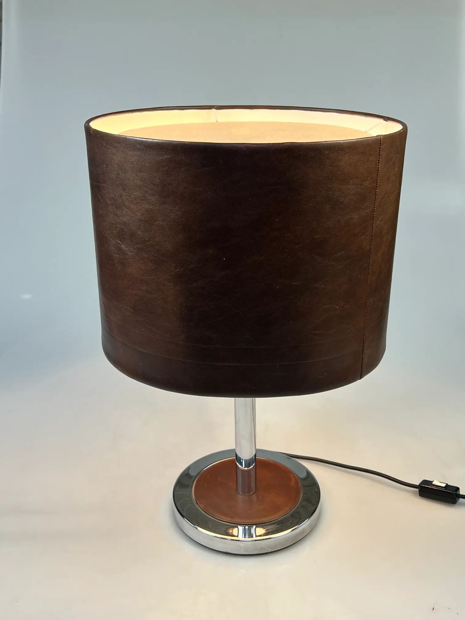 Vintage Table Lamp, Chromed Base and Leather Shade. 1970's