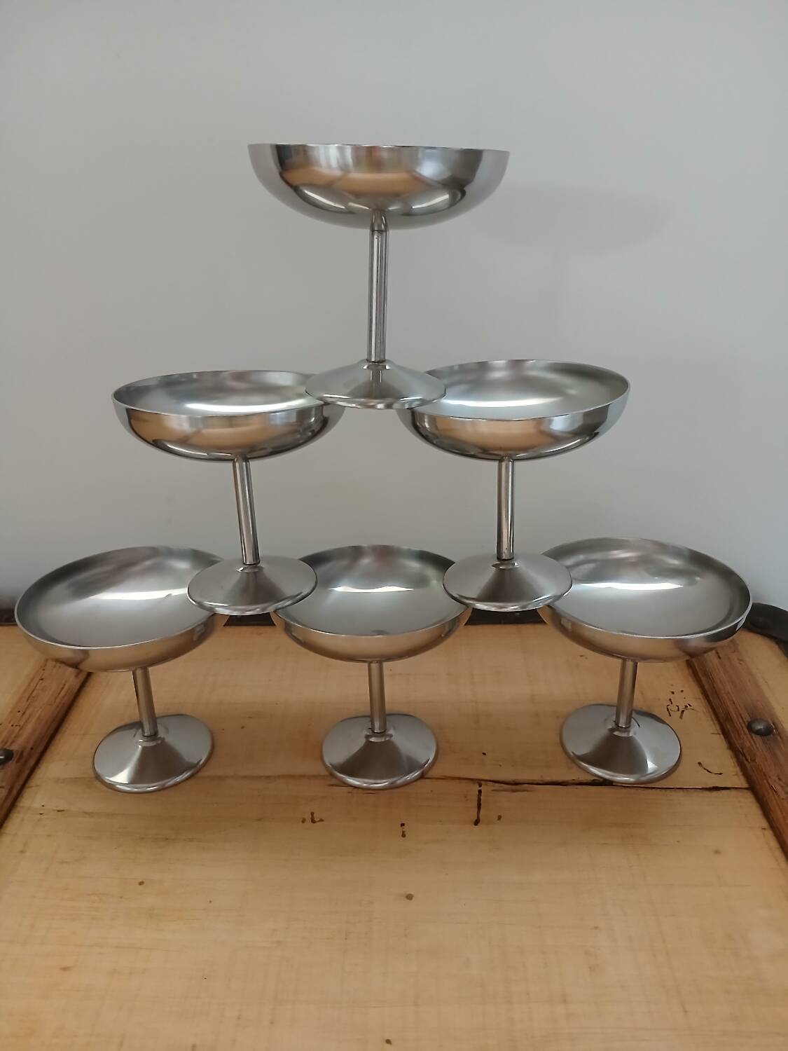 6 antique solid stainless steel ice cream cups