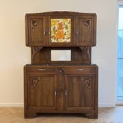 Antique Art Nouveau display cabinet in carved wood with marble top.