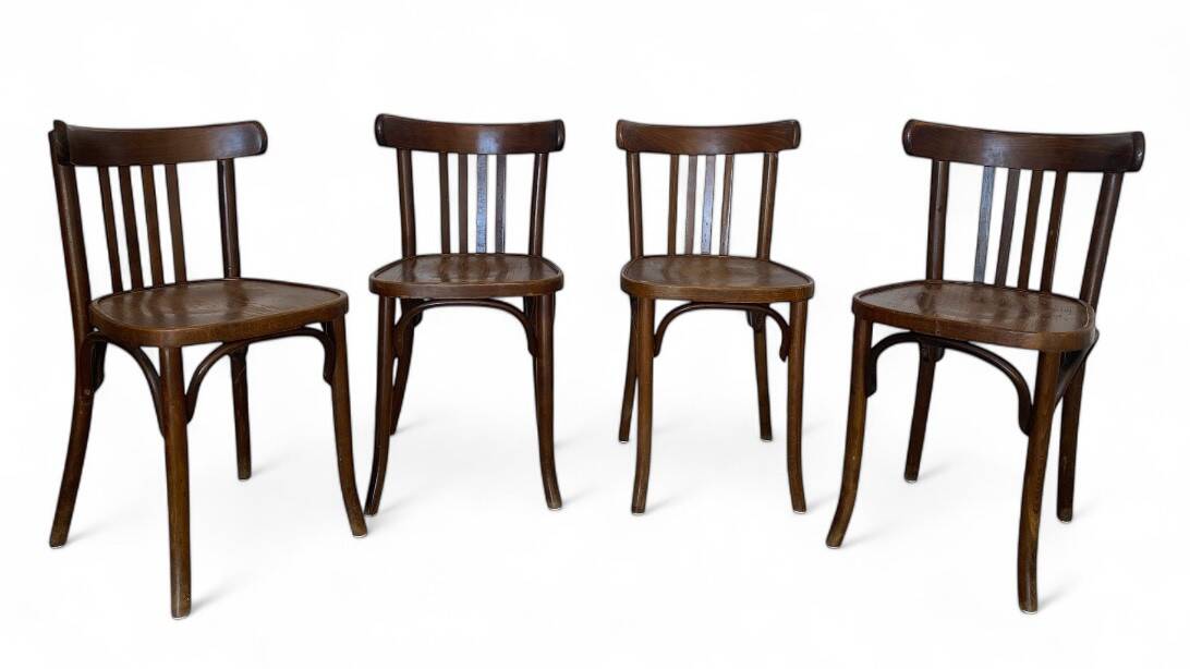 Set of 4 antique Thonet curved wood bistro chairs
