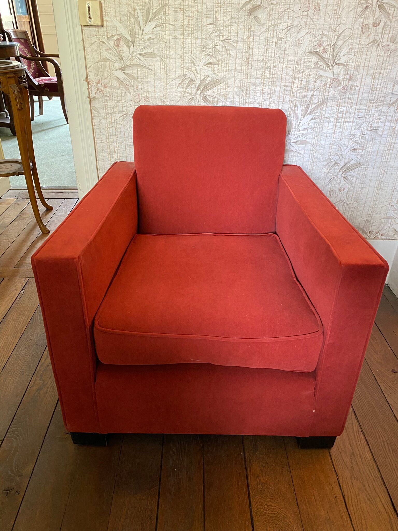Vintage cubic armchair covered with red fabric