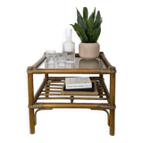 Table basse en bambou marron foncé plateau en verre Mid Century Vintage Rattan Skandi Boho Danish De
