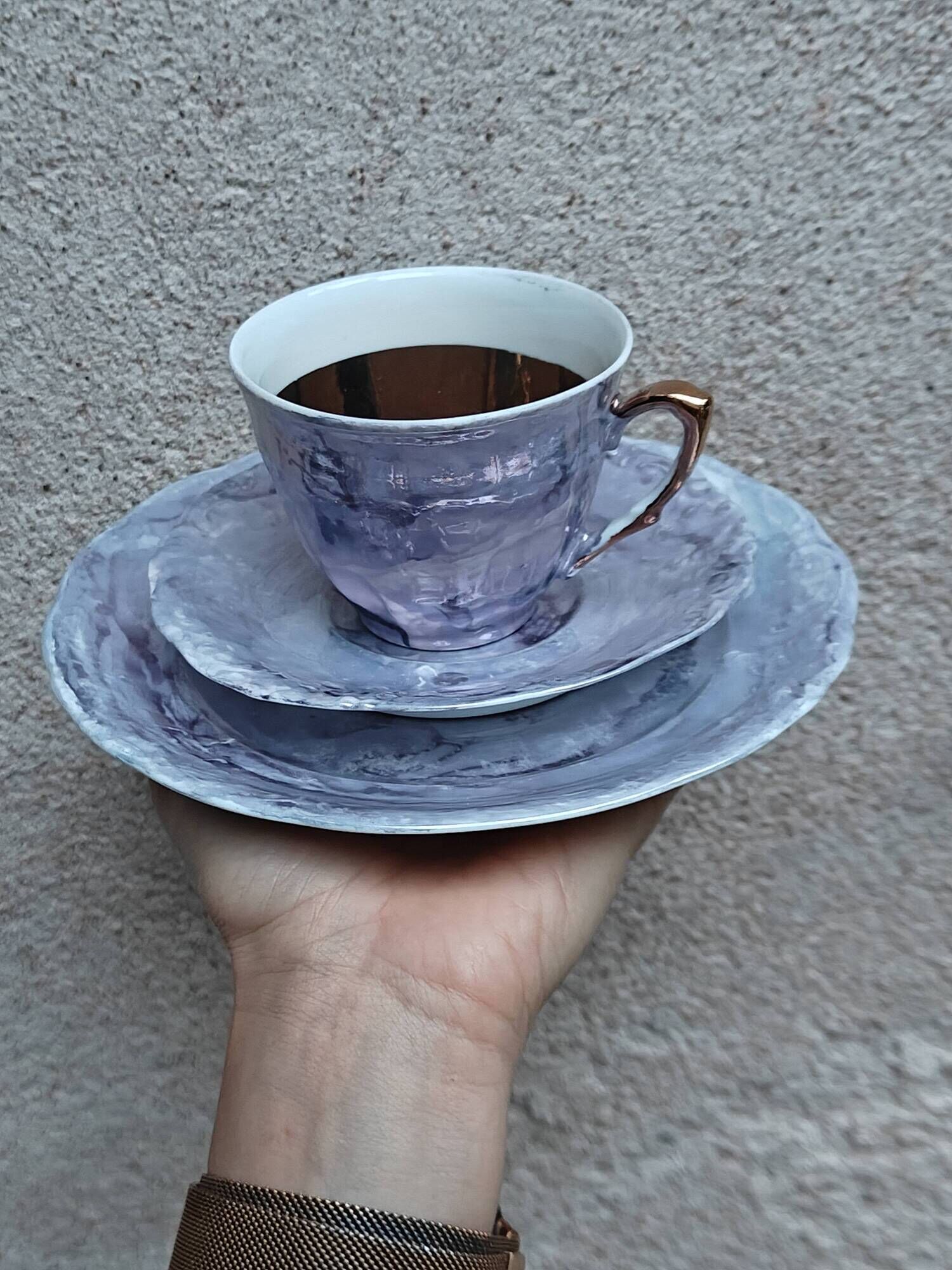 Vintage Marble Purple & Gold Interior Porcelain Coffee/Tea Trio -