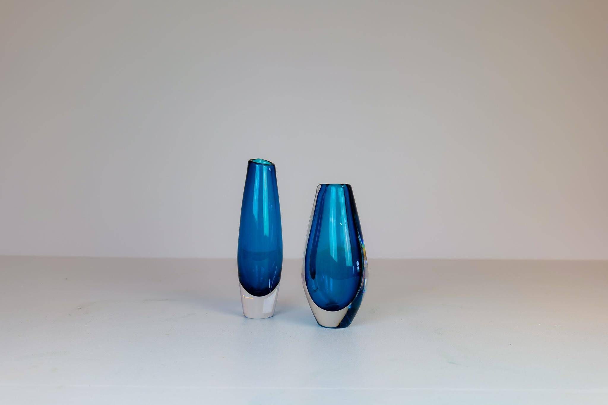 Pair of heavy crystal vases by Orrefors Mid-Century Modern by Sven Palmqvist, light blue.