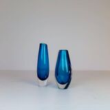 Pair of heavy crystal vases by Orrefors Mid-Century Modern by Sven Palmqvist, light blue.