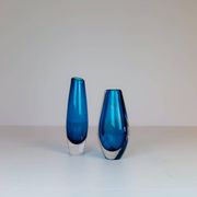 Pair of heavy crystal vases by Orrefors Mid-Century Modern by Sven Palmqvist, light blue.