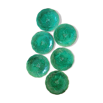 Set of 6 green plates in Barbotine faïence de Gien