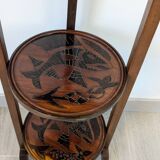 Table pliante vintage triple plateaux gravés en bois exotique 89 cm